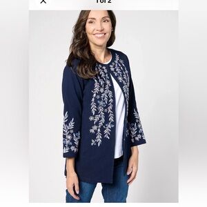 Susan Graver Embroidered Cotton Jacket Blazer Navy Floral Career Church XL